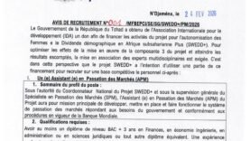 Recrutement d&rsquo;assistants : rejoignez le projet innovant SWEDD+ pour un impact direct sur le développement durable.
