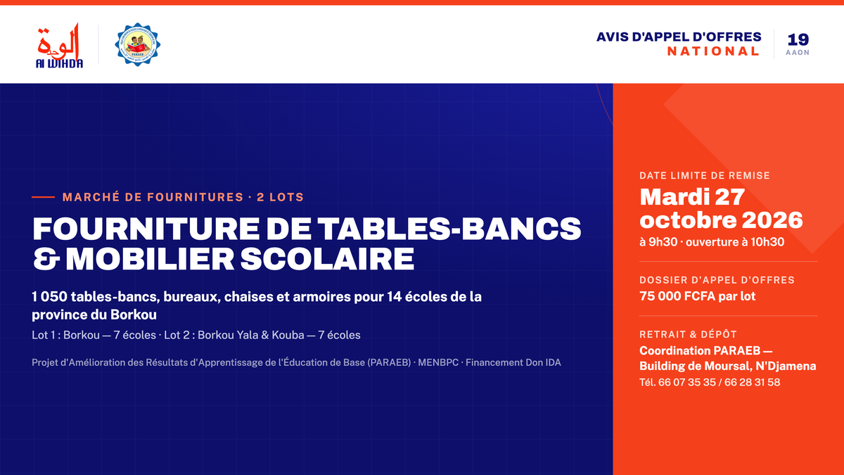 Tchad : Appel d&rsquo;offres pour 1 050 tables-bancs et équipements
